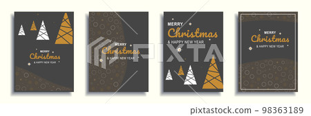 Merry Christmas and New Year 2022 brochure covers set. Xmas minimal banner design with white or gold festive trees with abstract pattern borders. Vector illustration for flyer, poster or greeting card Merry Christmas and New Year 2022 brochure covers set. Xmas minimal banner design with white or gold festive trees with abstract pattern borders. Vector illustration for flyer, poster or greeting card 98363189