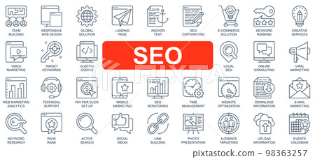 SEO concept simple line icons set. Bundle of optimization, solution, landing page, keyword, ranking, video marketing, target and other. Vector pack outline symbols for website or mobile app design SEO concept simple line icons set. Bundle of optimization, solution, landing page, keyword, ranking, video marketing, target and other. Vector pack outline symbols for website or mobile app design 98363257