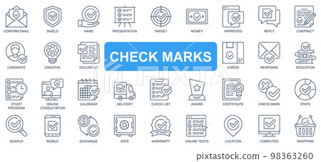 Check marks concept simple line icons set. Bundle of email, shield, hand, presentation, target, money, approved, reply, contract and other. Vector pack outline symbols for website or mobile app design Check marks concept simple line icons set. Bundle of email, shield, hand, presentation, target, money, approved, reply, contract and other. Vector pack outline symbols for website or mobile app design 98363260