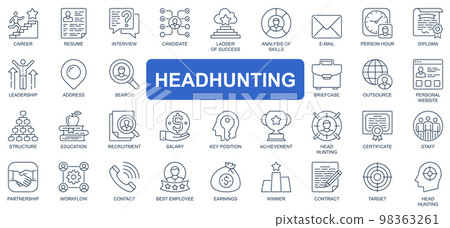 Headhunting concept simple line icons set. Bundle of career, resume, interview, candidate, analysis, leadership, recruitment and other. Vector pack outline symbols for website or mobile app design Headhunting concept simple line icons set. Bundle of career, resume, interview, candidate, analysis, leadership, recruitment and other. Vector pack outline symbols for website or mobile app design 98363261
