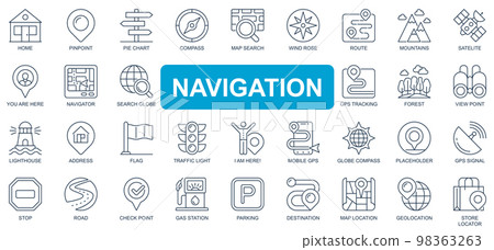 Navigation concept simple line icons set. Bundle of home, pinpoint, compass, map, search, route, mountains, satellite, tracking and other. Vector pack outline symbols for website or mobile app design Navigation concept simple line icons set. Bundle of home, pinpoint, compass, map, search, route, mountains, satellite, tracking and other. Vector pack outline symbols for website or mobile app design 98363263