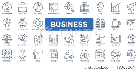 Business concept simple line icons set. Bundle of businessman, briefcase, presentation, startup, target, businesswoman, goal and other. Vector pack outline symbols for website or mobile app design Business concept simple line icons set. Bundle of businessman, briefcase, presentation, startup, target, businesswoman, goal and other. Vector pack outline symbols for website or mobile app design 98363264