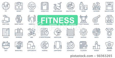 Fitness concept simple line icons set. Bundle of fit, weight, cardio, gym, exercise bike, training, swimming, running, diet and other. Vector pack outline symbols for website or mobile app design Fitness concept simple line icons set. Bundle of fit, weight, cardio, gym, exercise bike, training, swimming, running, diet and other. Vector pack outline symbols for website or mobile app design 98363265