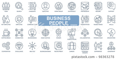 Business people concept simple line icons set. Bundle of team, employee, recruitment, partnership, consultation, brainstorm and other. Vector pack outline symbols for website or mobile app design 98363278