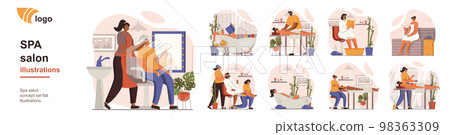 Spa salon concept isolated person situations. Collection of scenes with people at beautician receive massages and treatments for skin of face and body. Mega set. Vector illustration in flat design Spa salon concept isolated person situations. Collection of scenes with people at beautician receive massages and treatments for skin of face and body. Mega set. Vector illustration in flat design 98363309