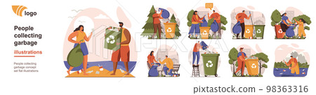 People collecting garbage concept isolated person situations. Collection of scenes with volunteers sort the trash into separate bins, protecting ecology. Mega set. Vector illustration in flat design 98363316