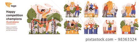 Happy competition champions concept isolated person situations. Collection of scenes with people athletes winning and celebrate first places and trophies. Mega set. Vector illustration in flat design 98363324