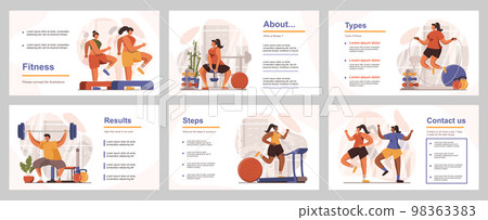 Fitness at gym concept for presentation slide template. People doing aerobics or weightlifting, exercise on simulators, running, jumping rope. Vector illustration with flat persons for layout design Fitness at gym concept for presentation slide template. People doing aerobics or weightlifting, exercise on simulators, running, jumping rope. Vector illustration with flat persons for layout design 98363383
