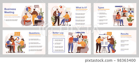 Business meeting concept for presentation slide template. People discuss at conference, make reports, team brainstorming, employees management. Vector illustration with flat persons for layout design Business meeting concept for presentation slide template. People discuss at conference, make reports, team brainstorming, employees management. Vector illustration with flat persons for layout design 98363400