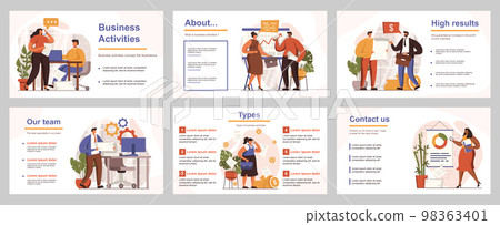 Business activities concept for presentation slide template. People performing tasks, analyze data, develop project, create success strategy. Vector illustration with flat persons for layout design Business activities concept for presentation slide template. People performing tasks, analyze data, develop project, create success strategy. Vector illustration with flat persons for layout design 98363401