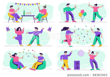 Party concept isolated person situations. Collection of scenes with people having fun at festive event, drinking champagne, dancing in disco nightclub. Mega set. Vector illustration in flat design Party concept isolated person situations. Collection of scenes with people having fun at festive event, drinking champagne, dancing in disco nightclub. Mega set. Vector illustration in flat design 98363403