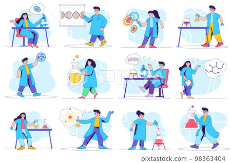 Laboratory concept isolated person situations. Collection of scenes with people make lab tests, study viruses and molecules, make scientific discoveries. Mega set. Vector illustration in flat design Laboratory concept isolated person situations. Collection of scenes with people make lab tests, study viruses and molecules, make scientific discoveries. Mega set. Vector illustration in flat design 98363404