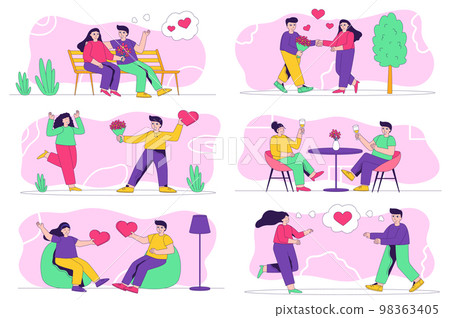 Valentines day concept isolated person situations. Collection of scenes with people confess their love, give gifts and hearts, couples on romantic dates. Mega set. Vector illustration in flat design Valentines day concept isolated person situations. Collection of scenes with people confess their love, give gifts and hearts, couples on romantic dates. Mega set. Vector illustration in flat design 98363405