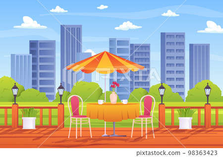 Summer outdoor cafe concept in flat cartoon design. Terrace with cups on table and chairs, umbrella, wooden fence with lanterns, green plants and skyscrapers view. Vector illustration background Summer outdoor cafe concept in flat cartoon design. Terrace with cups on table and chairs, umbrella, wooden fence with lanterns, green plants and skyscrapers view. Vector illustration background 98363423