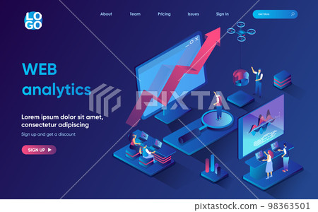 Web analytics concept isometric landing page. Team studying business data at graph and charts, data analysis service, 3d web banner template. Vector illustration with people scene in flat design Web analytics concept isometric landing page. Team studying business data at graph and charts, data analysis service, 3d web banner template. Vector illustration with people scene in flat design 98363501