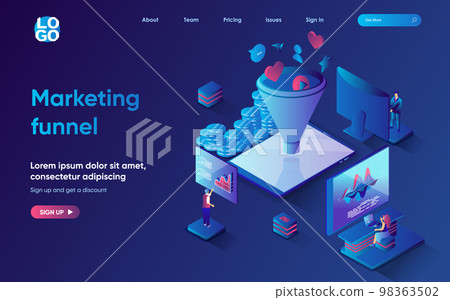 Marketing funnel concept isometric landing page. Team attracts new customers making purchases and generating sales, 3d web banner template. Vector illustration with people scene in flat design Marketing funnel concept isometric landing page. Team attracts new customers making purchases and generating sales, 3d web banner template. Vector illustration with people scene in flat design 98363502