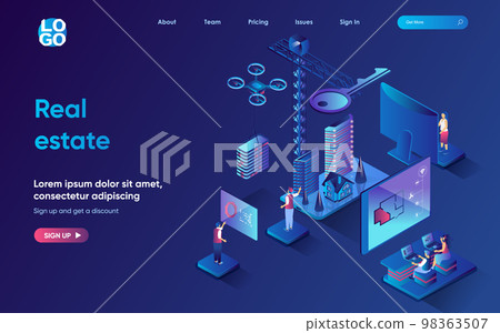 Real estate concept isometric landing page. Construction company develops house plans and building, buying new housing, 3d web banner template. Vector illustration with people scene in flat design Real estate concept isometric landing page. Construction company develops house plans and building, buying new housing, 3d web banner template. Vector illustration with people scene in flat design 98363507