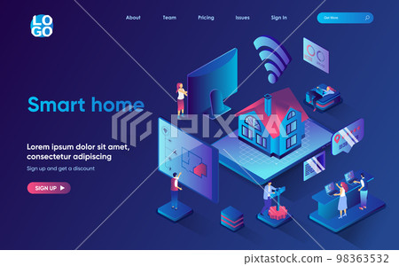 Smart home concept isometric landing page. Automation control and monitoring of sensors in house with app, security system, 3d web banner template. Vector illustration with people scene in flat design 98363532