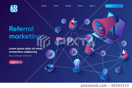 Referral marketing concept isometric landing page. Users recommend and share, loyalty program, social media marketing, 3d web banner template. Vector illustration with people scene in flat design 98363533