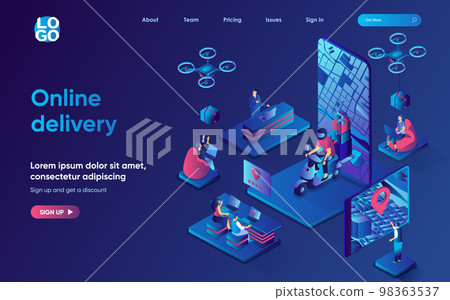 Online delivery concept isometric landing page. Fast shipping of orders by courier, flying drones with parcels in boxes, 3d web banner template. Vector illustration with people scene in flat design Online delivery concept isometric landing page. Fast shipping of orders by courier, flying drones with parcels in boxes, 3d web banner template. Vector illustration with people scene in flat design 98363537