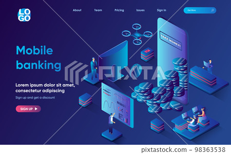 Mobile banking concept isometric landing page. Bank clients make transactions and take money from account in application, 3d web banner template. Vector illustration with people scene in flat design Mobile banking concept isometric landing page. Bank clients make transactions and take money from account in application, 3d web banner template. Vector illustration with people scene in flat design 98363538