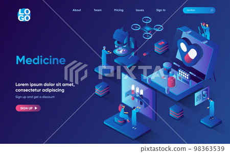 Medicine concept isometric landing page. Scientists develops medicines, does research in lab, pharmacy industry, healthcare 3d web banner template. Vector illustration with people scene in flat design Medicine concept isometric landing page. Scientists develops medicines, does research in lab, pharmacy industry, healthcare 3d web banner template. Vector illustration with people scene in flat design 98363539