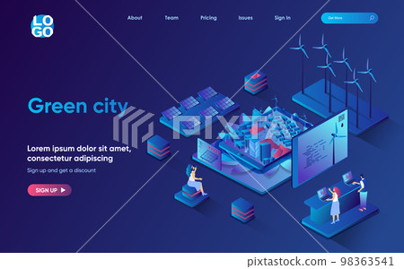 Green city concept isometric landing page. Citizens living and using renewable energy from wind turbines and solar panels, 3d web banner template. Vector illustration with people scene in flat design 98363541
