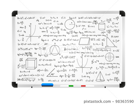 Mathematics theory and mathematical formula on school blackboard. Handwritten symbols isolated on white canvas with hand drawn formulas used for school education and paperwork. Vector illustration. Mathematics theory and mathematical formula on school blackboard. Handwritten symbols isolated on white canvas with hand drawn formulas used for school education and paperwork. Vector illustration. 98363590