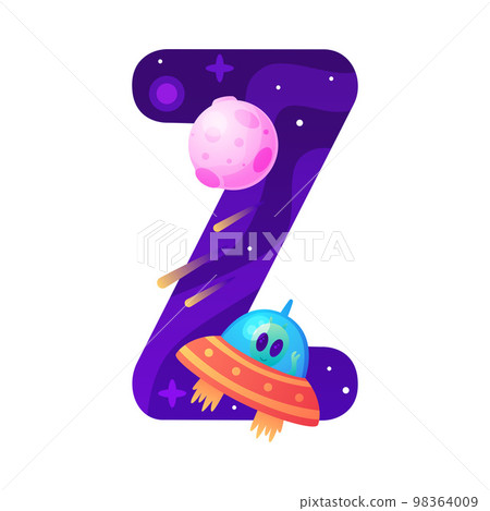 Space Letter Z as Font and Alphabet Capital Bold Figure with Ufo Shuttle Vector Illustration 98364009