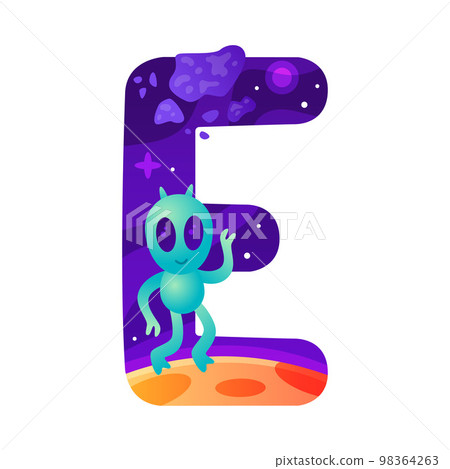 Space Letter E as Font and Alphabet Capital Bold Figure with Alien Vector Illustration 98364263