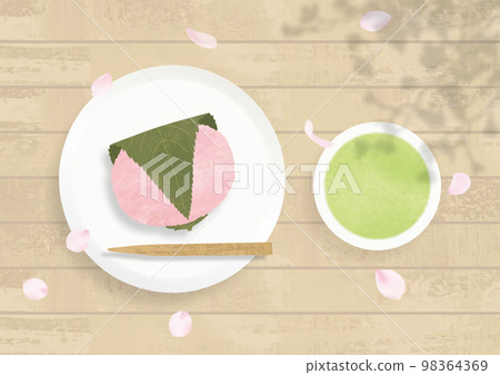 櫻花、sakuramochi 和綠茶水彩畫 98364369