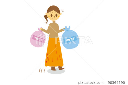 Illustration of a woman separating garbage and taking it to the garbage dump site Garbage problem 98364390
