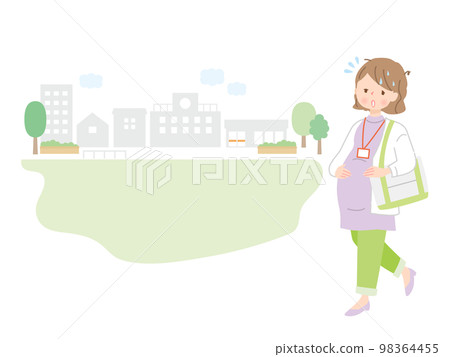 一個疲憊的孕婦和城市景觀的插圖 一個疲憊的孕婦和城市景觀的插圖 98364455