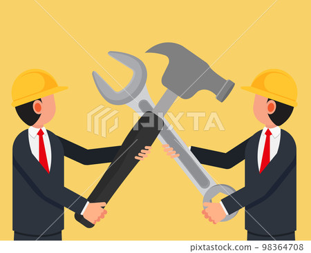 Happy Labour day, workers day. Two businessmen stand with tools crossed over each other. 98364708