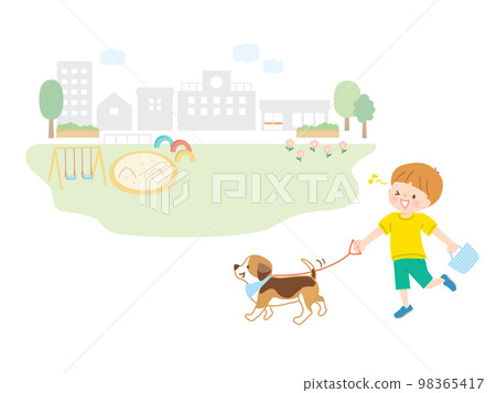 男孩在公園裡遛狗 98365417