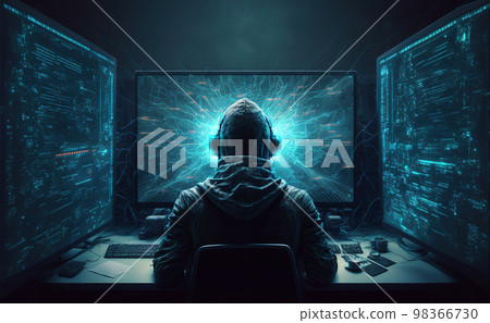 Hacker works in dark room, man uses computer with futuristic monitors, generative AI 98366730