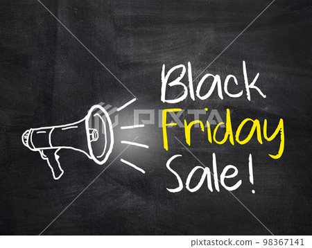 Black Friday Sale text with megaphone on chalkboard background. Black Friday Sale text with megaphone on chalkboard background. 98367141