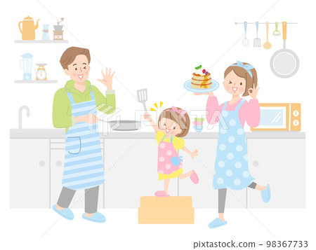 Vector illustration material of three parents and children making pancakes Vector illustration material of three parents and children making pancakes 98367733