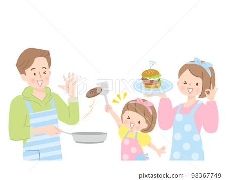 Illustration material of three parents and children making hamburgers Illustration material of three parents and children making hamburgers 98367749