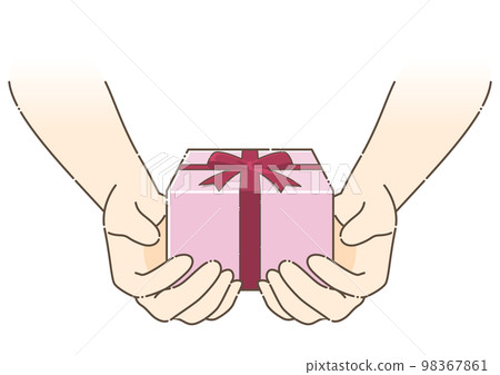 A hand about to give a pink present (broken line outline) A hand about to give a pink present (broken line outline) 98367861