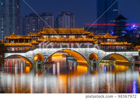 Chengdu Anshun bridge and Jinjiang river at night, Sichuan province, China Chengdu Anshun bridge and Jinjiang river at night, Sichuan province, China 98367972