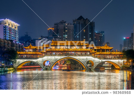 Chengdu Anshun bridge and Jinjiang river at night, Sichuan province, China 98368988