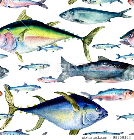Various wild sea fish seamless pattern watercolor illustration isolated on white. Various wild sea fish seamless pattern watercolor illustration isolated on white. 98369393