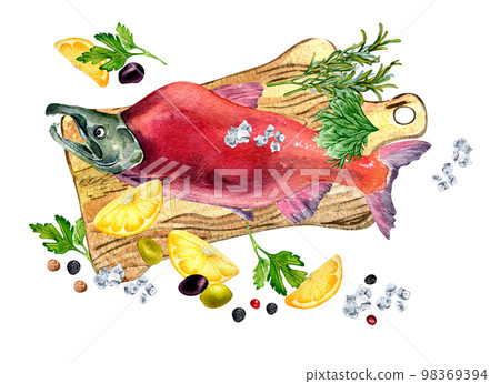 Set of salmon, lemon, herbs on cutting board watercolor illustration isolated on white. Set of salmon, lemon, herbs on cutting board watercolor illustration isolated on white. 98369394