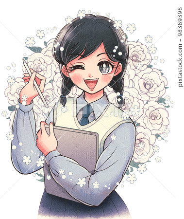 Braid honor student chairman studying on a manga style tablet Braid honor student chairman studying on a manga style tablet 98369398