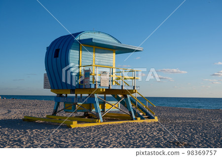 Colorful lifeguard station on Miami Beach, Florida. 98369757
