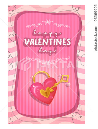 Valentines day poster. Happy valentines day card with heart shaped lock and golden key. Stock vector illustrations in flat cartoon style. 98369903