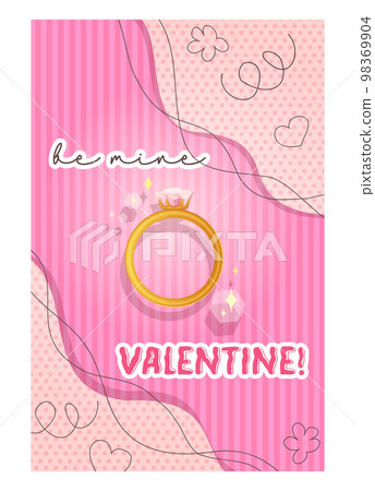 Valentines day poster. Be mine valentine card. Gold ring with sparkles. Stock vector illustrations in flat cartoon style. 98369904