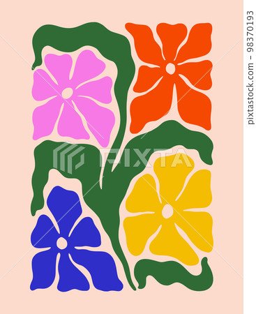 Abstract Flowers and Leaves Poster. Modern Floral Print in Contemporary Style. Trendy Groovy Naive Vector Illustration 98370193