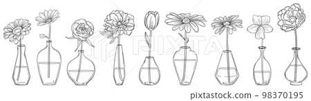 Single flower vase set with delicate line drawing flowers Vector material 98370195